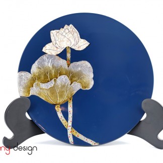 Blue round lacquer plate attached with eggshell lotus  25 cm (not included with stand)